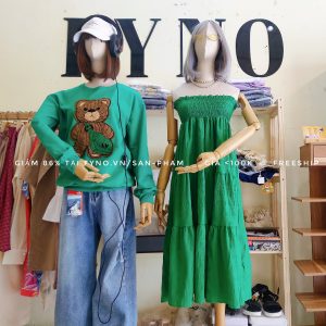 Đầm maxi quay cúp ngực xanh lá áo sweater gấu Teddy