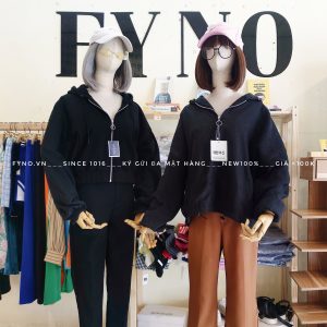 Áo khoác nhung nỉ màu đen nón zipper dây kéo