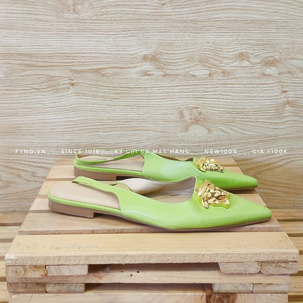 Sandal mũi nhọn nữ da bóng xanh mạ non